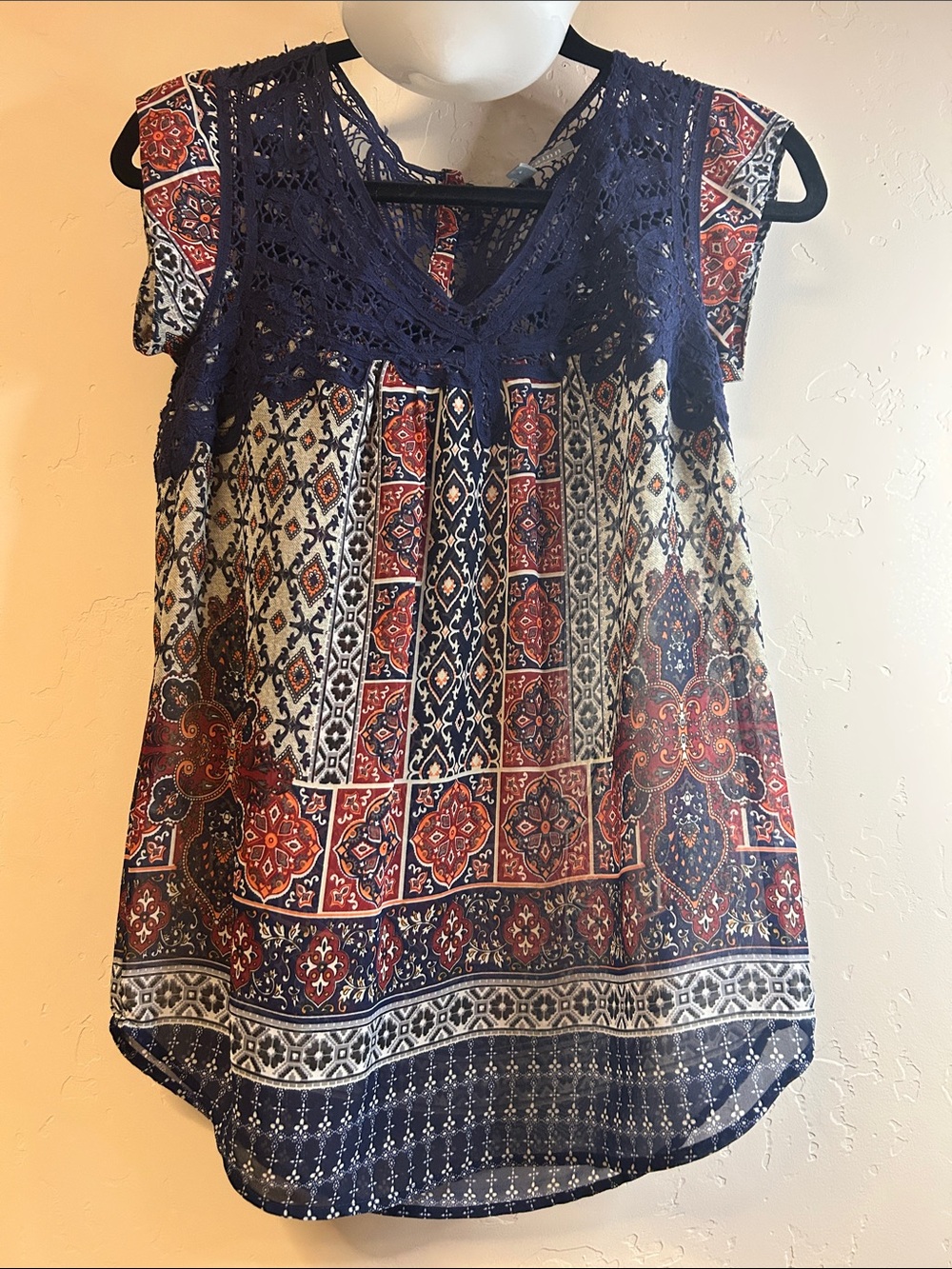 Daniel Rainn Navy, Red & Cream Crochet Yoke Tank